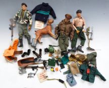 Three Action Man figures together with various outfits and accessories, equipment manual etc.