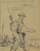 WW1 pencil drawing of a British soldier on the battlefield with dedication to General Sir Henry