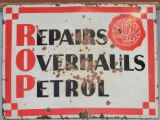 Vintage enamel advertising sign 'ROP Oils - repairs, overhauls, petrol', 92 x 123cm  PLEASE NOTE