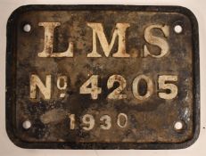 LMS cast iron tender plate number 4205 and dated 1930, width 20cm