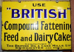 Vintage enamel advertising sign 'British Compound Fattening Feed and Dairy Cakes, Bridgwater &
