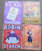 Four metal advertising signs comprising Wills's, Robin Starch, Opel & Cycles, each approximately