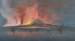 19thC continental watercolour of a volcano erupting at night with sailboats in foreground,