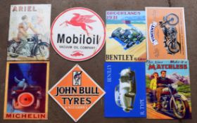 Eight metal advertising signs to include Michelin, John Bull Tyres, Bentley etc, largest