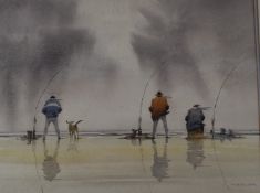 G Marler (British Contemporary) watercolour three men and a dog sea fishing on a beach, 49 x 64cm,