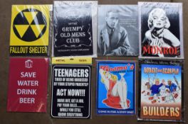 Eight novelty/ humorous metal advertising signs to include Marilyn Monroe etc, each approximately 40