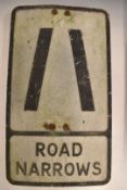 Vintage 'Road Narrows' warning sign with brackets verso, 54 x 31cm
