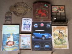 Various signs and collectibles to include Route 66 bottle holder, Red Lion dart board & Hindhaugh'