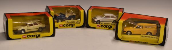Four Corgi Toys diecast model vehicles comprising Open Top Renegade Jeep 447, Ford Sierra Taxi