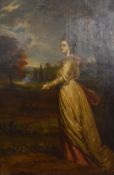 19thC oil on canvas of a lady in a garden, in gilt decorative frame, 102 x 67cm