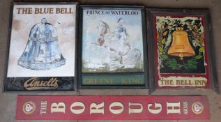 Four various pub signs, three double sided comprising Ansells The Blue Bell, Green King Prince of