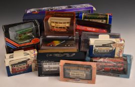 Twenty-one 1:76 scale diecast model buses and trams by various manufacturers including Corgi,