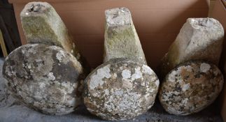 Three natural stone staddle stones, two possibly part of a cider press, largest diameter 58, H88cm