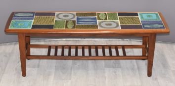 Retro / mid century modern tile inset teak coffee table with undershelf, W115 x D39 x H39cm