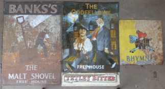 Three pub sign comprising Banks's The Malt Shovel, Tetley The Oddfellows & Rhymney, largest 113 x