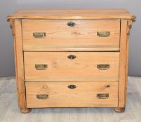 19th/20thC pine chest of three drawers raised on bun feet, W91 x D45 x H77cm