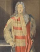 19thC watercolour portrait of a distinguished gentleman with sword, 21 x 16cm, in black lacquered