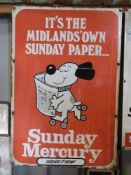 Vintage enamel newspaper advertising sign 'Sunday Mercury' with roller-skating dog, 70 x 47cm PLEASE