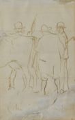 Randolph Caldecott (1846-1886) pen and ink sketch three men standing by the rear end of a cow,