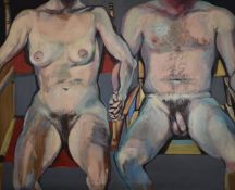 20thC oil on canvas of a seated, torso study of a nude couple holding hands, unsigned, 137 x 168cm