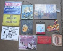Eleven metal advertising signs to include Pink Cadillac, beer etc, largest approximately 35 x 50cm