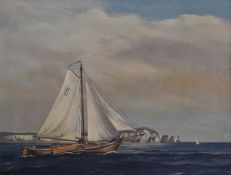 P Ladbrook oil on board of a sailing boat off the Needles, Isle of Wight, signed and dated 74