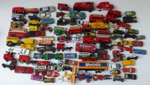 A large collection of Corgi, Dinky, Matchbox and similar diecast model vehicles including, buses,
