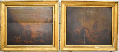 Pair of Old Master or naive style oils on panel, fishermen tidying their nets and boats and