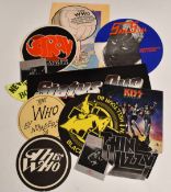 Eleven stickers including Black Sabbath Tour 1980, Kiss, Status Quo, The Who, Thin Lizzy, Samson and