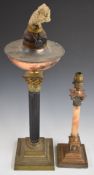 Brass, copper and gilt metal Corinthian column oil lamp together with a smaller table lamp, height