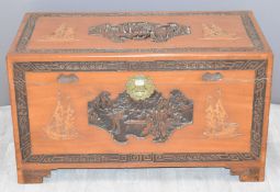 Carved Chinese blanket box with two trays inside, W102 x D53 x H57cm