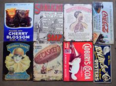 Eight metal advertising signs to include Golden Shred, Cadbury's Cocoa, W H McGee oysters etc,