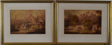 A pair of 19thC watercolours of ruins and a mill, indistinctly signed possibly F. Calvert, each 20 x