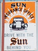 Vintage enamel advertising sign 'Sun Insurance Office' with pre war car to centre, 52 x 36cm