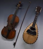 A 19thC violin with single piece 35.7cm flame back and purfling to table, with case and bow,