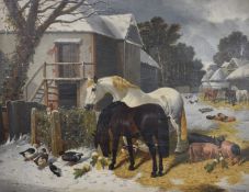 John Frederick Herring Junior (1815-1907) oil on canvas busy farmyard with horses, pigs, ducks and