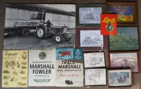 Ford tractor advertising photograph, two JE Wigstan steam engine prints, two cross section drawings,