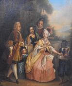 19thC oil on panel seated lady having tea with children and landscape beyond, 23 x 19.5cm, in ornate