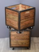 Two decorative industrial style wooden boxes on wheels, 40 x 40 x 40cm