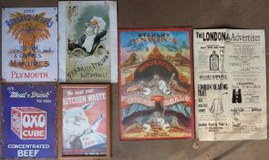 Six various metal and other advertising signs to include Oxo, Fiat, Stanley Unwin's wonderful