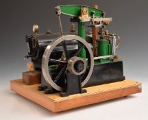 Stuart Turner live steam beam engine or plant with boiler on wooden base, 35x33cm.