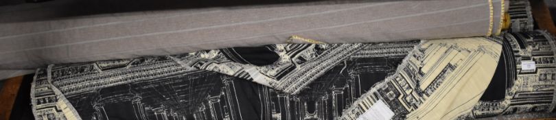 Three rolls of possibly upholstery / curtain fabric, one marked 'Garin', maximum width 145cm