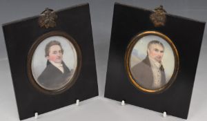 Two 19thC portrait miniatures of gentlemen, in ebonised frames with gilt mounts, size of portraits 7