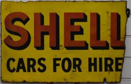 'Shell Cars for Hire' vintage double sided enamel advertising sign, 38 x 57cm PLEASE NOTE this lot