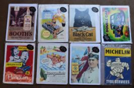 Eight metal advertising signs to include Booth's gin, Colman's, Michelin, Black Cat cigarettes
