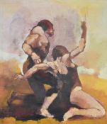 William Bate (b 1962) oil on canvas of a couple posing, signed and dated 86 lower right, 80 x 71cm