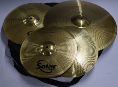 Sabian Solar 16 inch crash, Sabian Solar 14 inch hi-hats and 20 inch Solar Ride cymbals, all in