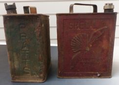 Two vintage 2 gallon petrol cans, one Pratts the other Shell aviation