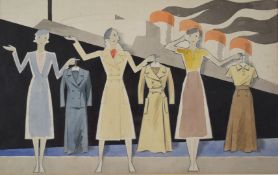 Art Deco / retro watercolour three ladies in front of ocean liner, 27 x 44cm