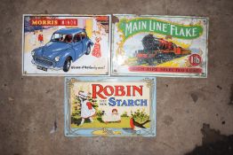 Three enamel advertising signs comprising Main Line Flake, Morris Minor & Robin Starch, largest 18 x